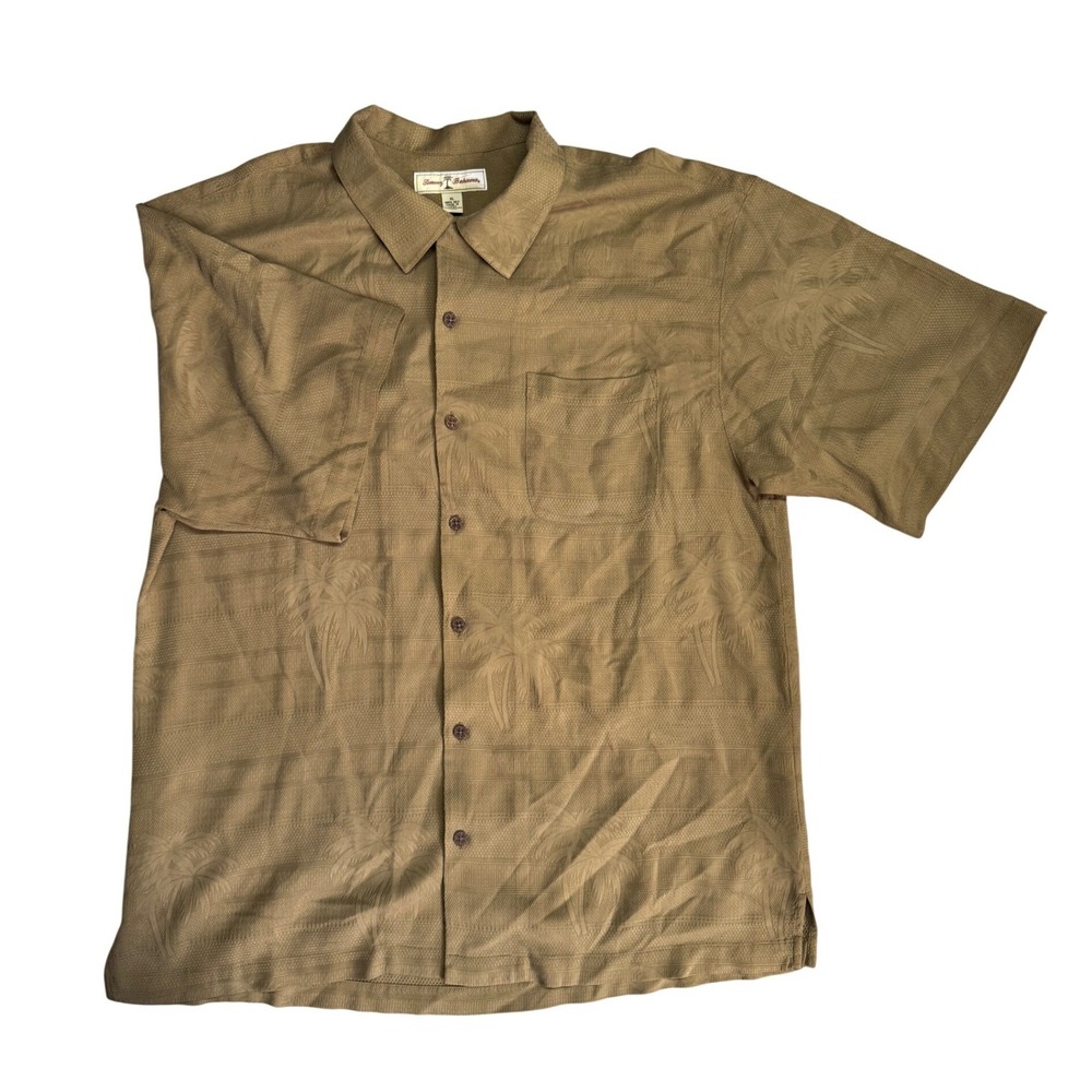 Tommy Bahama Mens XL Silk Jacquard Palm Tree Camp Shirt Tan Khaki Short Sleeve